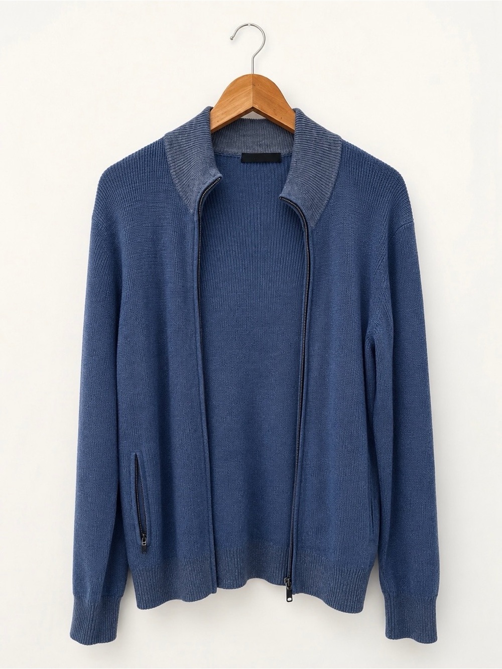Raffi Men's Light Blue Zip-Up Ribbed Wool Blend Sweater